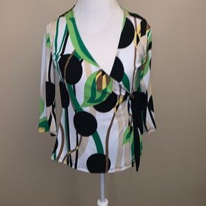 Carrie Allen Abstract Green Yellow and Black Wrap Top with 3/4 sleeves